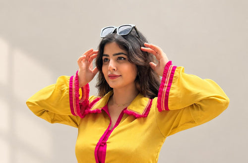 After Glow yellow and pink three-piece set - front close up